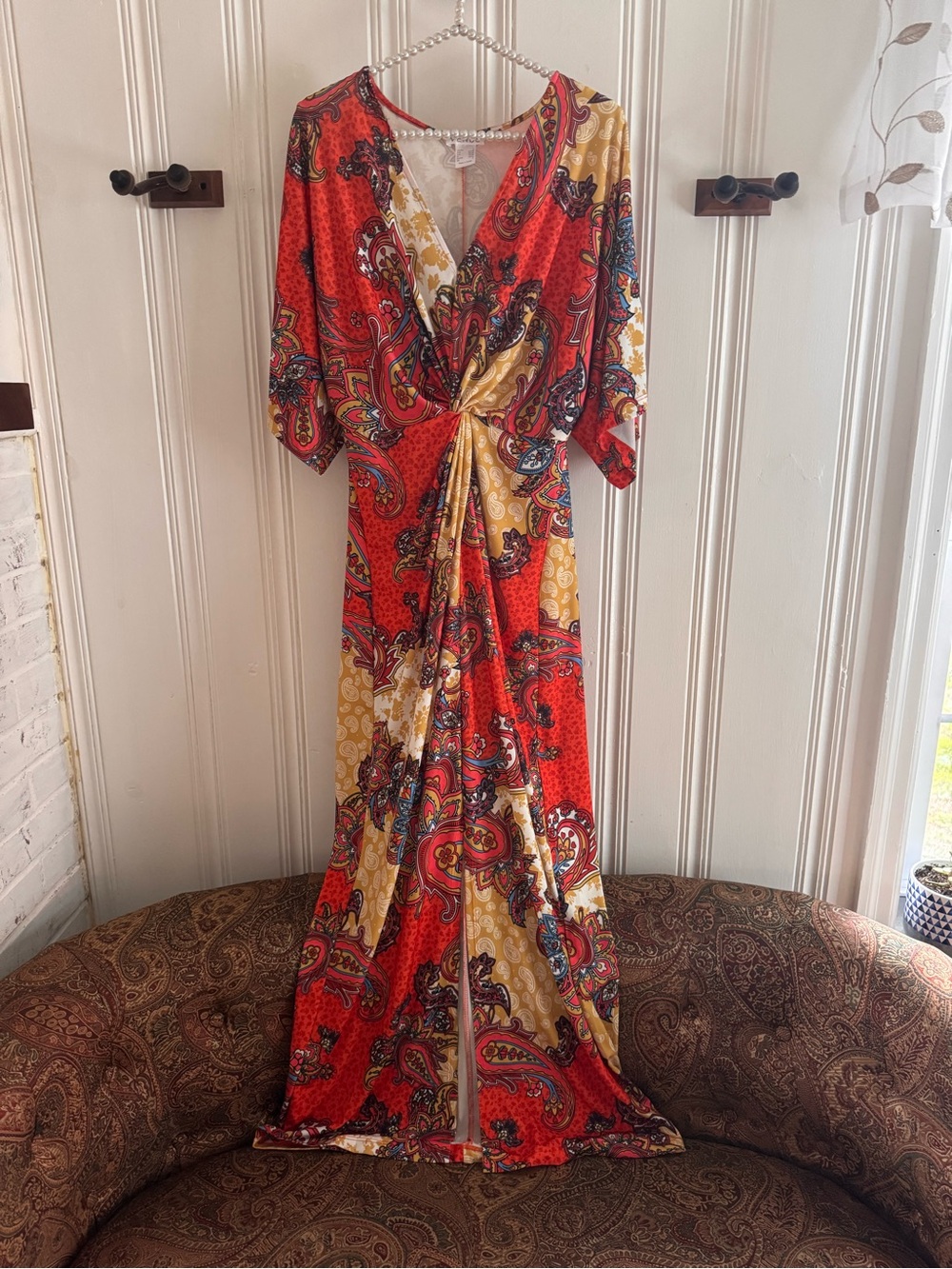 VENUS Orange & Gold Paisley Twist-Front Maxi Dress
